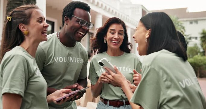 Volunteering, friends and happy people with phone, outdoor and social responsibility for non profit. NGO, online and team with mobile, laughing and reading funny post on web and bonding on break