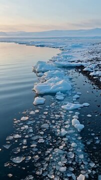 Frozen shoreline with fragmented ice floes and scattered ice chunks along a calm, reflective water edge at dawn
