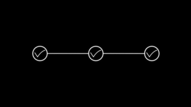 3 step infographic process with check mark. infographic step by step process sign animation on black background, step process success with check marks. Step-by-Step Guide Business Steps.