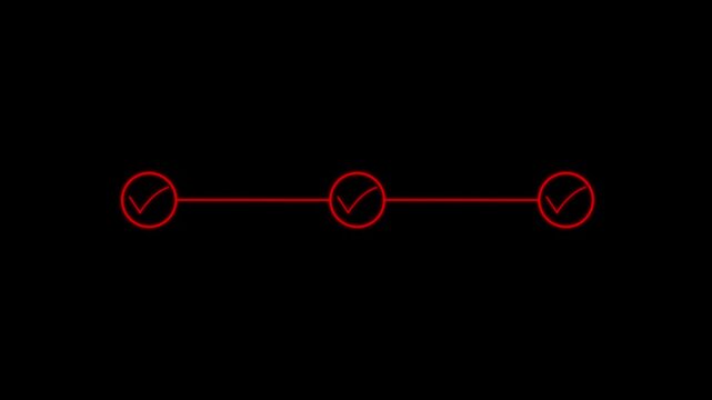 3 step infographic process with check mark. infographic step by step process sign animation on black background, step process success with check marks. Step-by-Step Guide Business Steps.