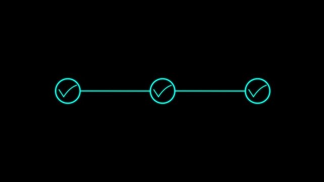 3 step infographic process with check mark. infographic step by step process sign animation on black background, step process success with check marks. Step-by-Step Guide Business Steps.
