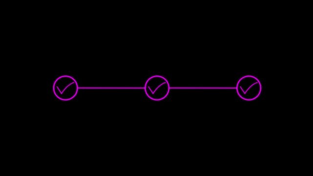 3 step infographic process with check mark. infographic step by step process sign animation on black background, step process success with check marks. Step-by-Step Guide Business Steps.