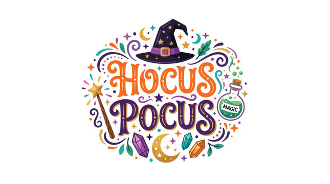 Hocus pocus lettering vector illustration featuring colorful magical witch hat potion bottle and sparkly star designs