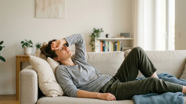 woman relaxing on couch with hand on forehead in living room