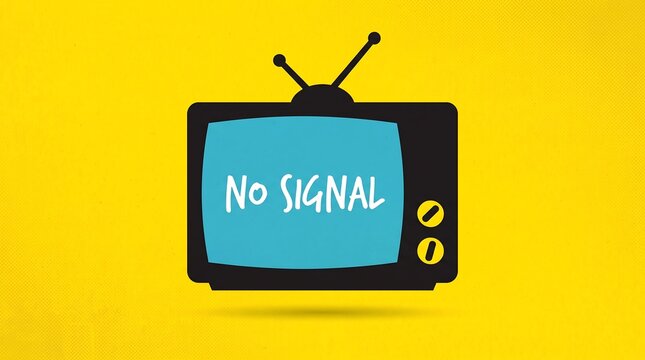 Vintage television icon with blue screen and no signal text on bright yellow background representing technical error and broadcast interruption media.