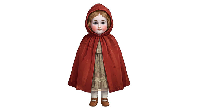 Little girl doll wearing red velvet cape and vintage dress isolated cutout element for creepy halloween graphic design projects or spooky digital art.