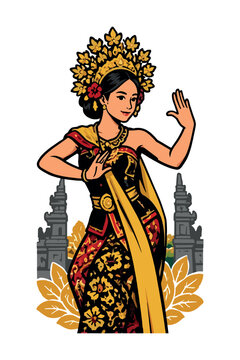 Balinese dancer woman performing traditional dance with temple gate background, Bali culture vector