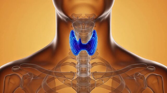 3D medical animation highlighting the thyroid gland in the human neck with an anatomical view of the skeletal structure