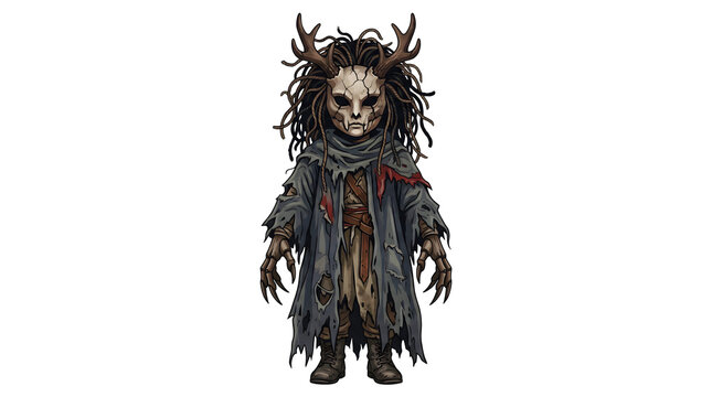 Mystical wendigo doll vector sticker wearing deer skull mask and tattered grey cloak isolated on transparent background for fantasy RPG game assets.