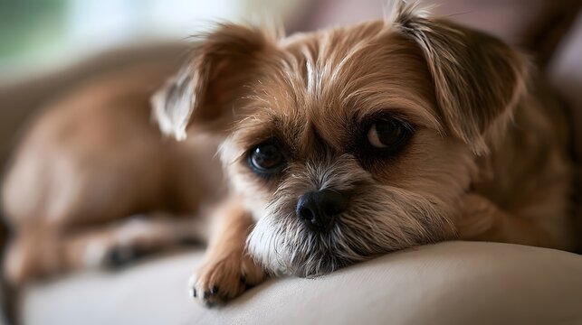 A small fluffy dog with big dark eyes rests its head on a soft surface  looking directly at the with a calm and gentle expression