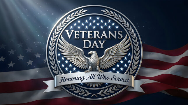 Veterans day commemorative emblem with a golden eagle and american flag background honoring all who have served