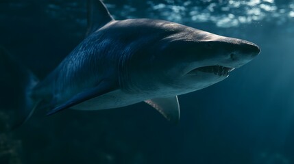 Fototapeta premium A large shark glides through deep blue water with sunlight filtering from above showing sharp teeth and textured skin