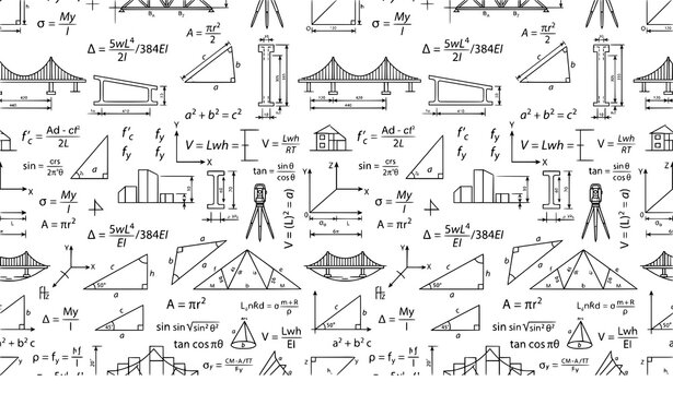 Civil engineering mathematical formulas geometric diagrams and structural calculations seamless vector pattern