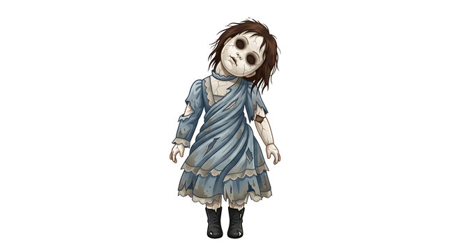 Possessed gothic girl doll with black hollow eyes and blue dress isolated on transparent background for paranormal horror and scary halloween decor.