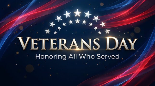 Veterans day greeting card design with patriotic red and blue wavy lines and shining stars on dark background