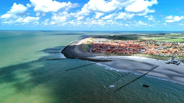 Aerial View of a Coastal Town, Sandy Beach and Groynes on the North Sea
