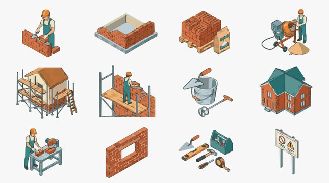 Construction Process Illustrated with Bricklaying and Building Tools