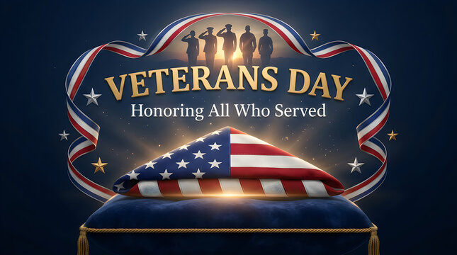 Veterans day graphic featuring a folded american flag on a velvet cushion with silhouettes of military soldiers