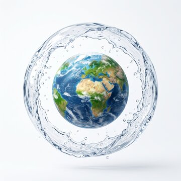 Planet Earth encapsulated within a sphere of splashing water symbolizing global water resources.