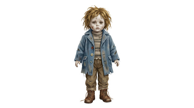 Sad antique porcelain doll with cracked face and messy hair wearing an old tattered blue coat, isolated on transparent background.