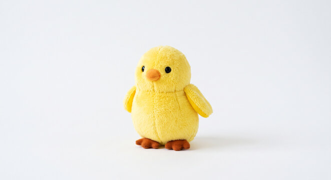 Yellow plush chick toy with round body and small beak on white background