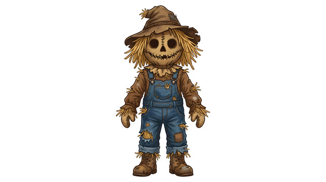 Scarecrow doll with straw hat and denim overalls isolated cutout element for harvest autumn festival graphic design projects or rustic country decor.