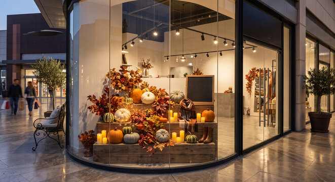 Autumn-themed retail window display with pumpkins and decorative elements