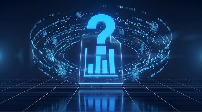 Digital data streams with charts and question mark symbol representing data analysis uncertainty or problem solving in technology