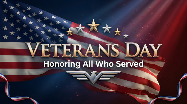 Veterans day background with a waving american flag and patriotic text honoring all who served our country