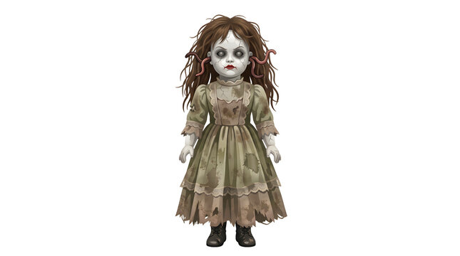 Scary porcelain doll with creepy glowing eyes and cracked face wearing dirty vintage lace dress ideal for horror game designs and halloween invitations.