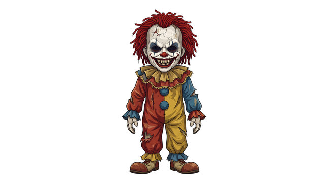 Scary clown with tattered colorful costume and sharp teeth grinning menacingly for halloween and horror themes isolated on transparent background.