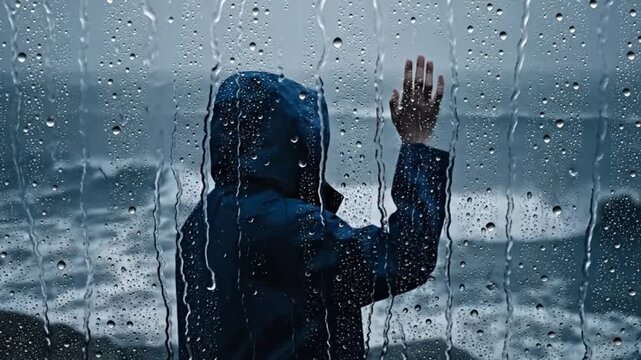 Person in Hooded Jacket Looking Out Through Rain-Streaked Window at Stormy Ocean Waves