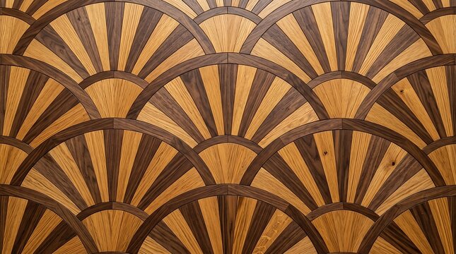 Intricate art deco geometric wood paneling featuring alternating light and dark grain textures arranged in repeating fan patterns for luxury interior wall decor and modern design