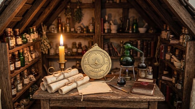Intricate miniature alchemist attic chamber with vintage astrolabe and celestial books in historic dollhouse
