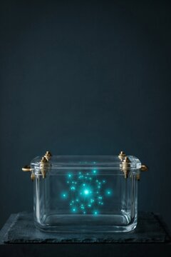 Bolted clear glass case sealing a bright pulsing cluster of luminous nodes
