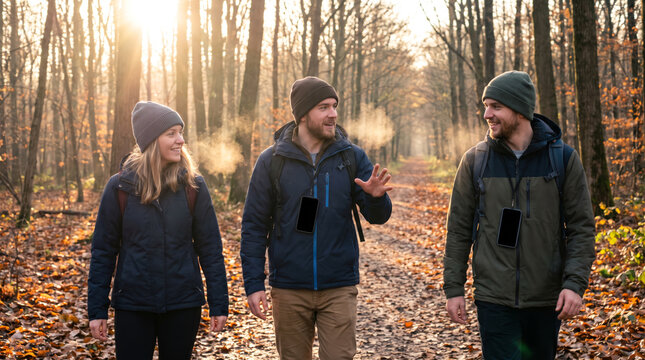 Three Friends Walking Woodland Trail in Autumn Backlight