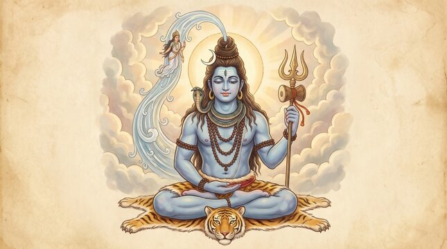 Lord Shiva Meditating with Trident on Tiger Skin Illustration