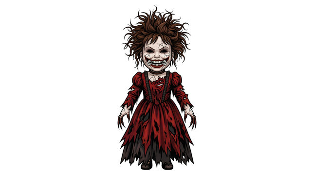 Sinister creepy doll vector character with jagged toothy smile and blood red tattered dress isolated on transparent background for halloween badges.