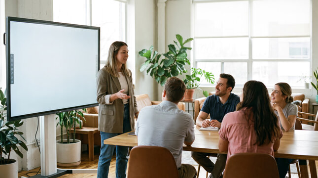 Woman Presenting to Team at Interactive Display in Bright Studio