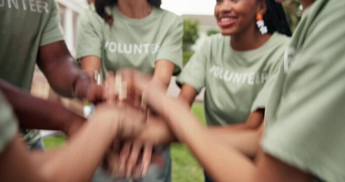 Volunteering, clap or team outdoor with handstack, support or motivation for donation campaign. Happy people, diversity or charity group with applause, encouragement or solidarity for welfare project
