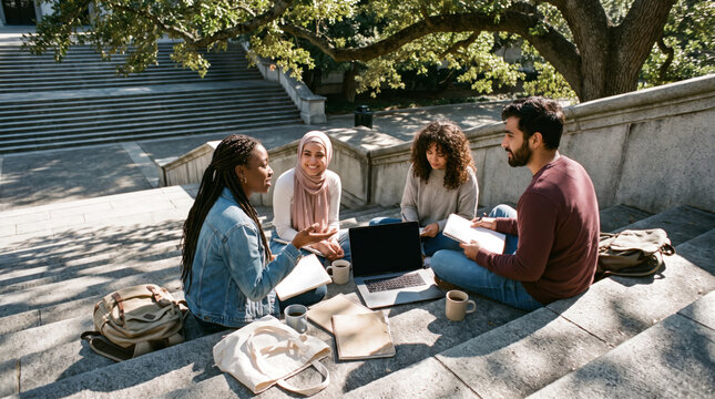 Diverse University Students Studying on Sunlit Campus Steps