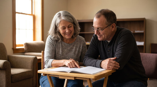 Tutor Helping Adult Learner Read Book at Small Wooden Table