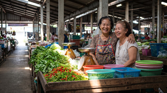 Thai Market Vendors Laughing at Vegetable Stall with Scales