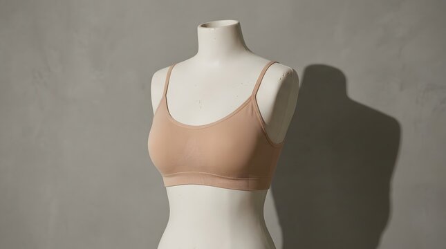 Minimalist mannequin showcasing nude sports bra against a textured grey wall.