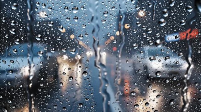Raindrops on a window with blurry traffic lights in the background