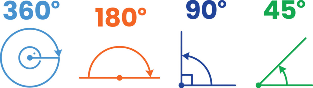 Set of geometry angle icons showing 360 180 90 and 45 degrees with colorful arrows