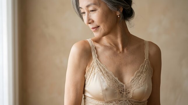 Graceful mature woman smiling gently while wearing a delicate lace undergarment indoors.