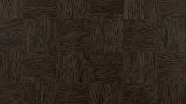Dark brown wooden parquet floor featuring elegant square tiles arranged in a classic repeating geometric pattern with rich natural oak grain textures and deep earthy tones.