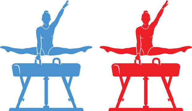Red and blue silhouettes of a female gymnast performing a split on a pommel horse