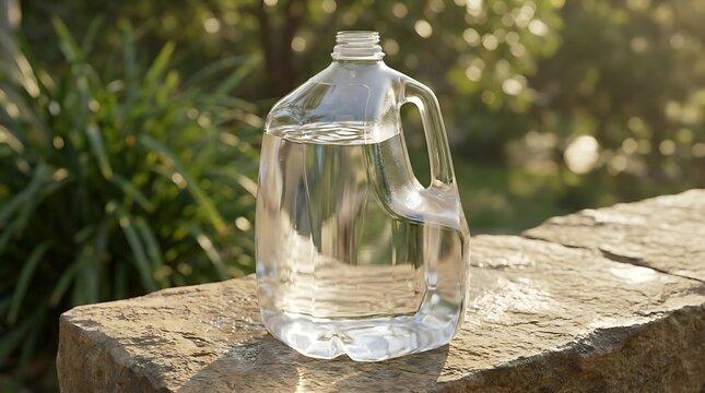 Clear plastic water jug standing on a wooden surface in a lush green garden setting during a sunny day